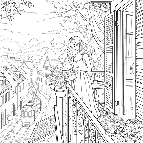 Sunrise Balcony Watering Scene