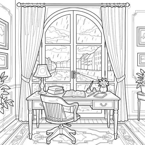 Rainy Canal-Side Study Room