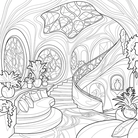 Fantasy Stained Glass Spiral Staircase Living Room
