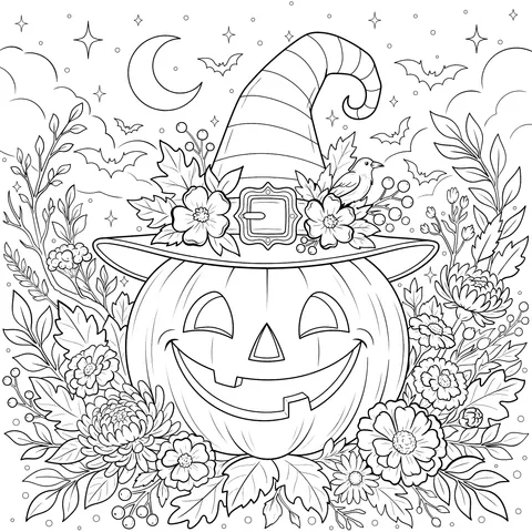 Floral Jack-o'-Lantern with Witch Hat