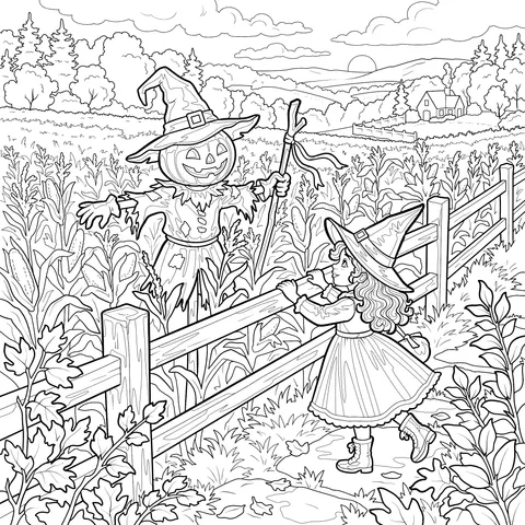 Little Witch and Pumpkin Scarecrow in Autumn