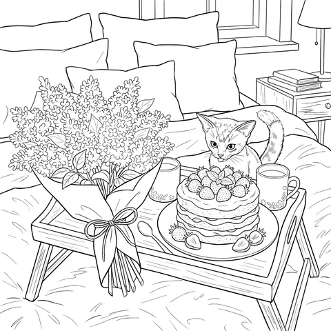 Cozy Breakfast in Bed with Kitten
