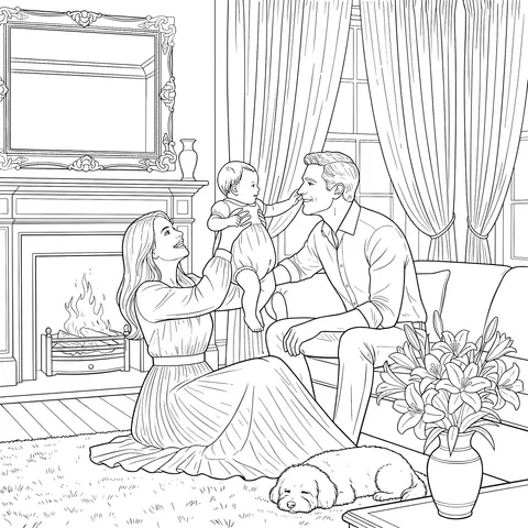 Warm Family of Three by the Fireplace