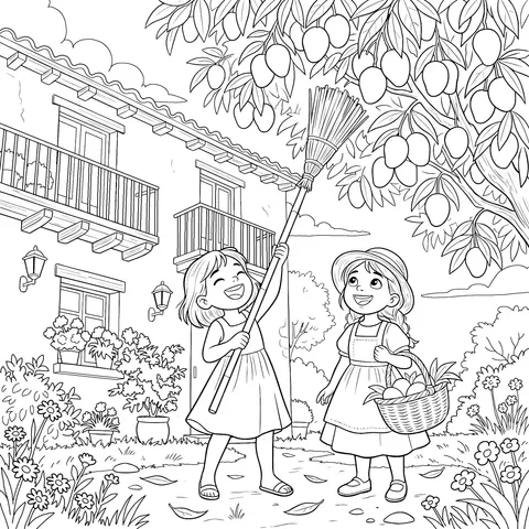 Girls Picking Mangoes in the Yard