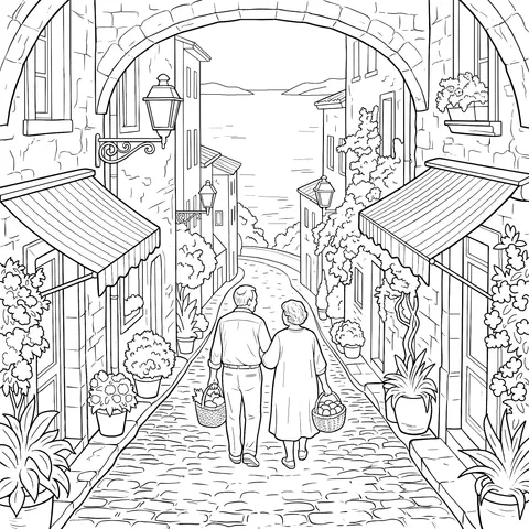 Coastal Town Stroll of Elderly Couple
