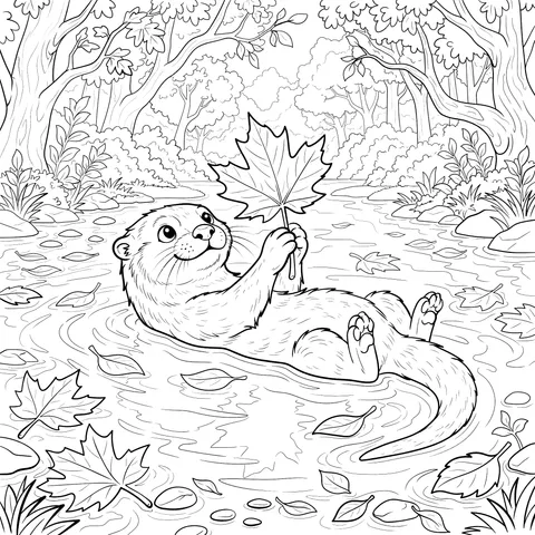 Autumn Otter with Maple Leaf in Stream