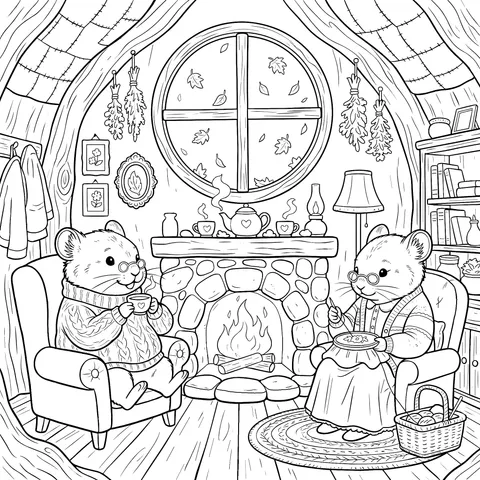 Cozy Mouse Couple by the Hearth in Autumn Cottage
