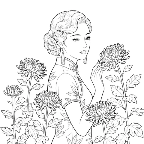 Cheongsam Lady with Chrysanthemums