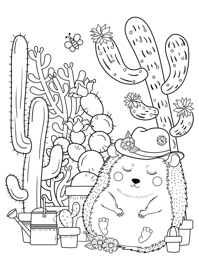 A Hedgehog Wearing a Red Hat and Cacti
