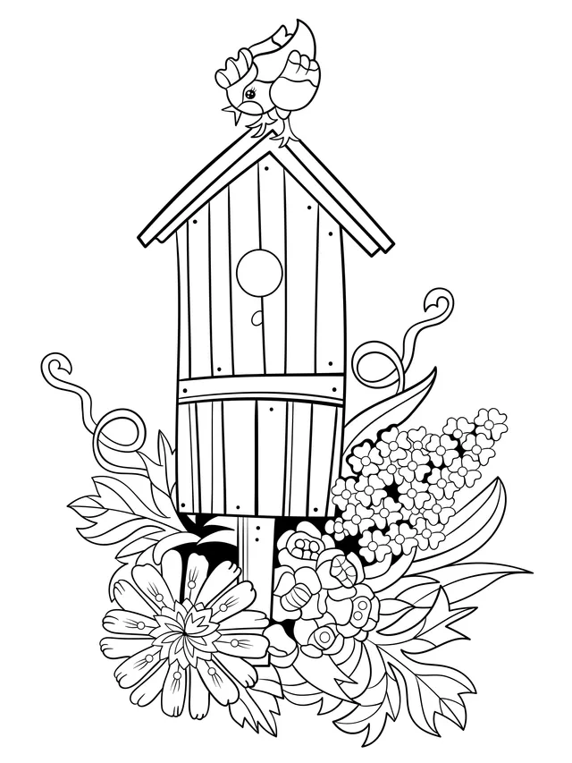 Birdhouse and Flowers