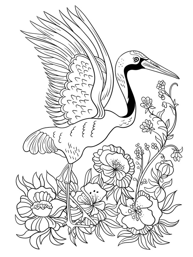 Red - Crowned Crane and Flowers