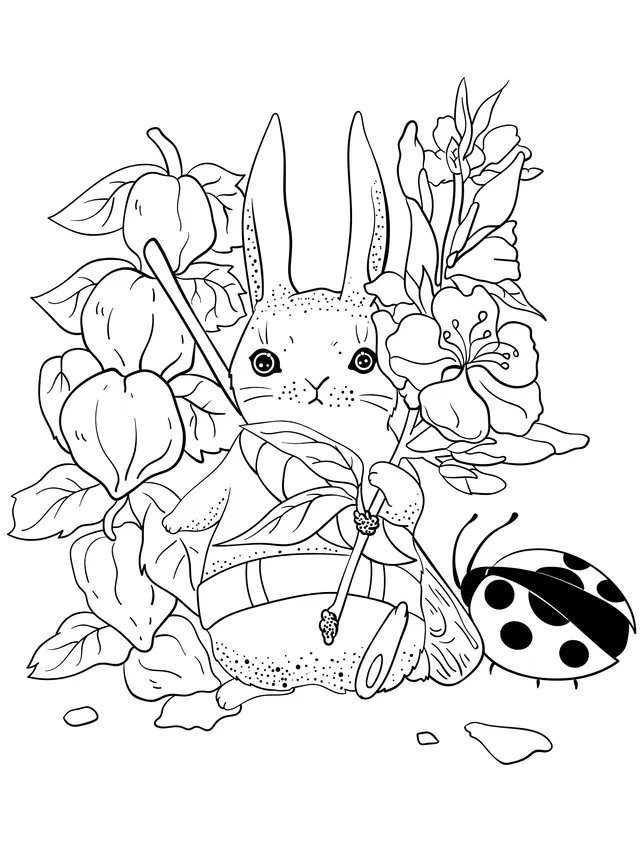 Rabbit Holding a Branch with Flowers and a Ladybug