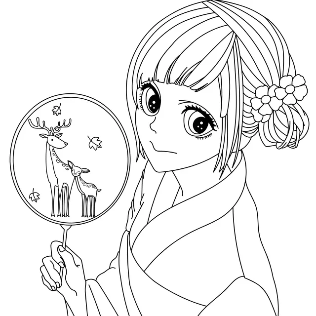 A girl holding a round - fan with deer painting
