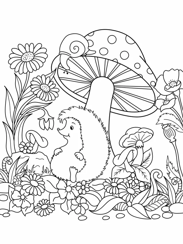 Hedgehog beside the Mushroom with Flowers and Plants