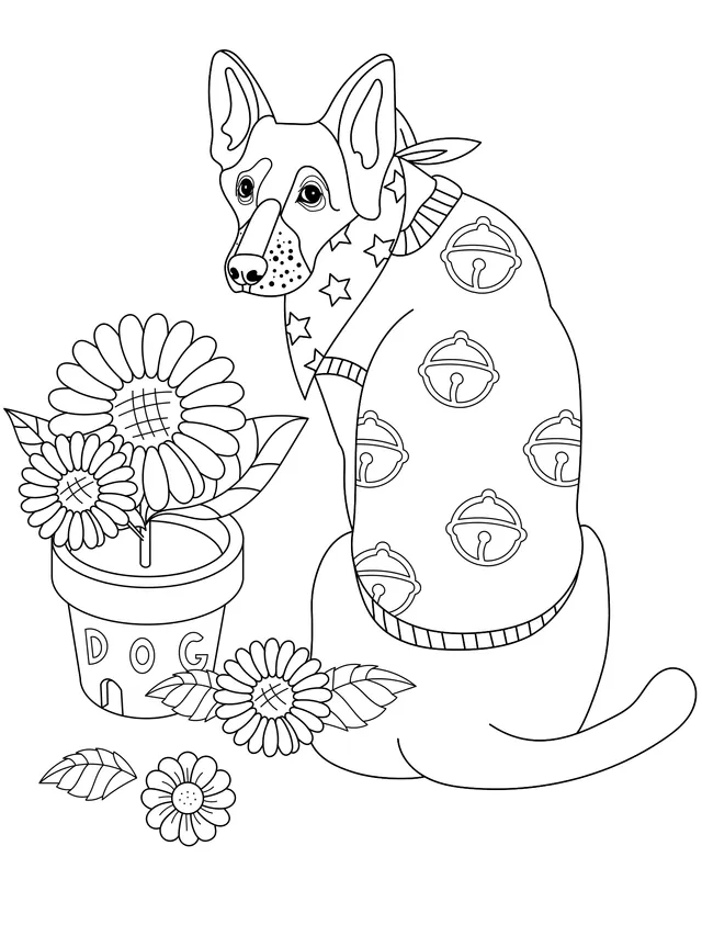 A Dog in a Floral - patterned Sweater and Potted Flowers