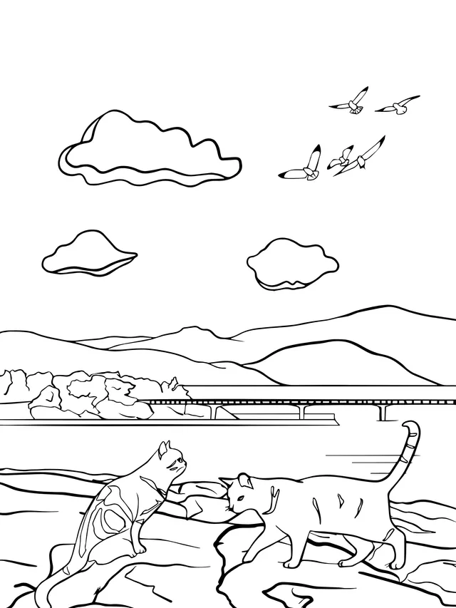 Two Cats and Flying Birds by the River