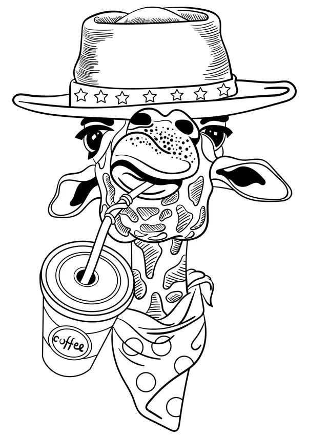 A giraffe wearing a hat and drinking a beverage