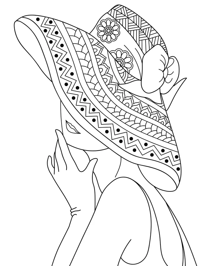 A lady wearing a wide - brimmed hat with colorful patterns