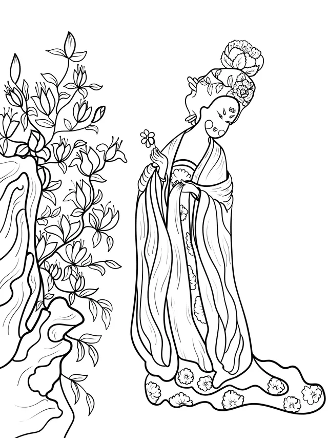 Ancient woman admiring flowers