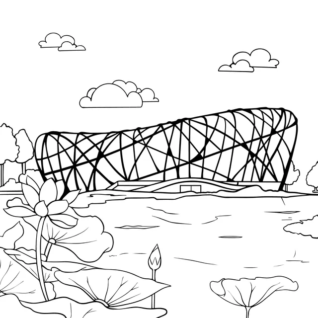 Lotus flowers and a unique building by the water