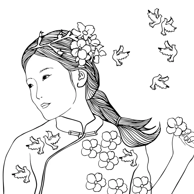Woman Accompanied by Flowers and Birds