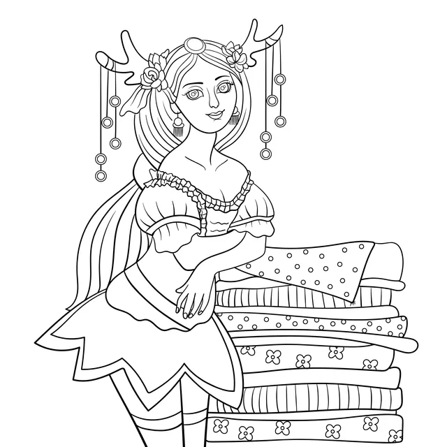 Woman in a yellow dress leaning against a pile of cloth