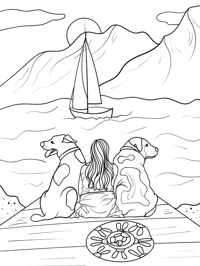 Girl and Two Dogs Enjoying the Lake View