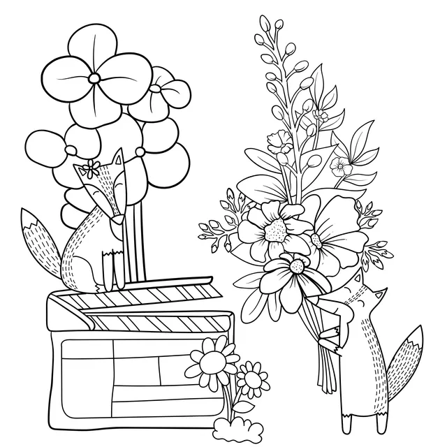 Fox holding flowers and fox on the box