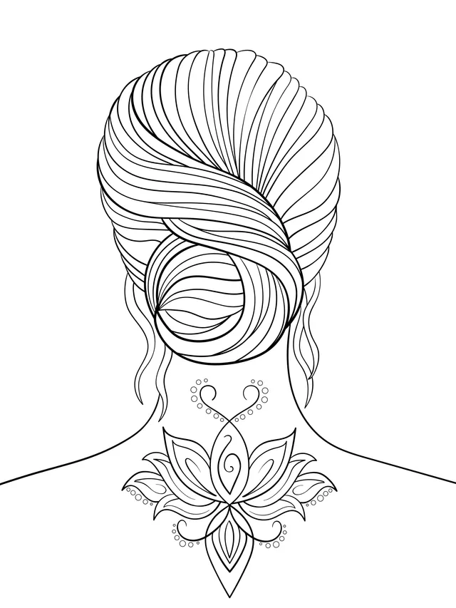 Back view of a bun - styled hair with a lotus tattoo