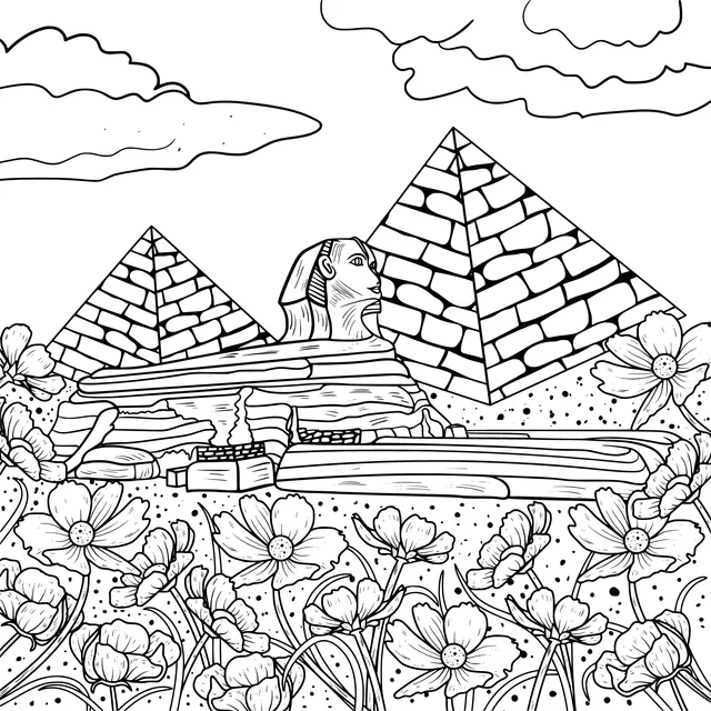 Pyramids and the Sphinx Surrounded by Flowers