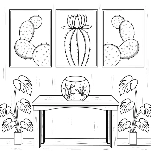 A Corner of the Room Decorated with Cacti and a Fish Tank
