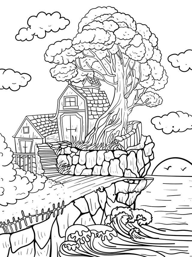 Cottage and Big Tree by the Cliff
