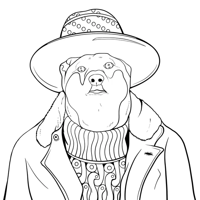 Dog wearing a hat and a coat