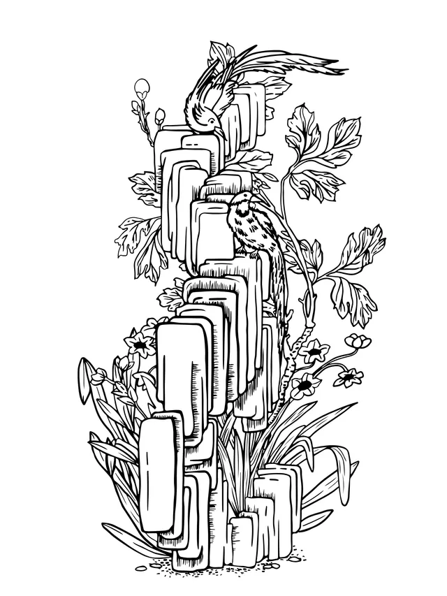 Flowers, Birds and Stone Scene