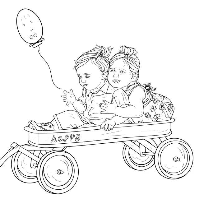 Two children sitting in a red wagon