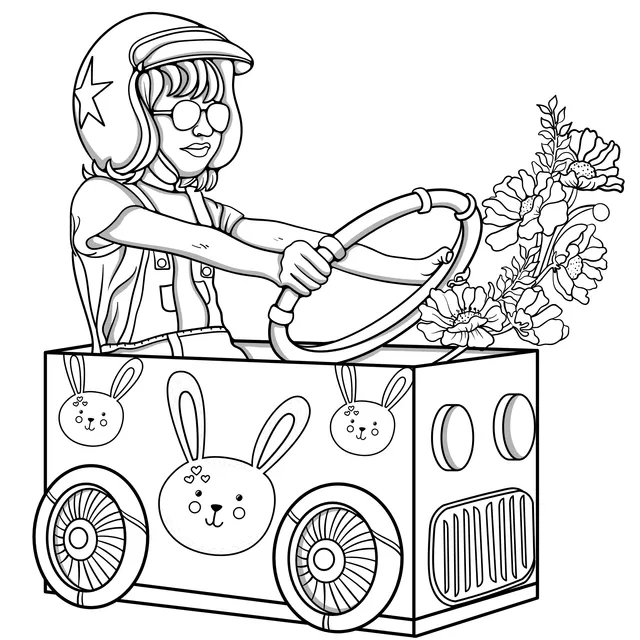 Child driving a cardboard car
