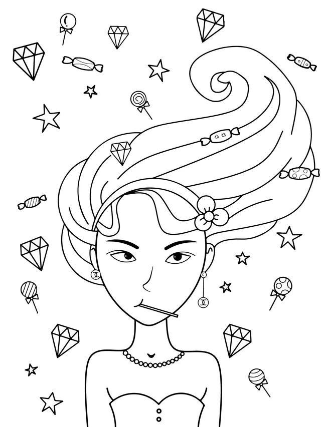 Girl Surrounded by Candies and Gems
