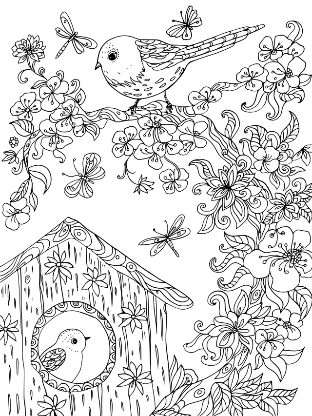 Bird, Flowers and Birdhouse