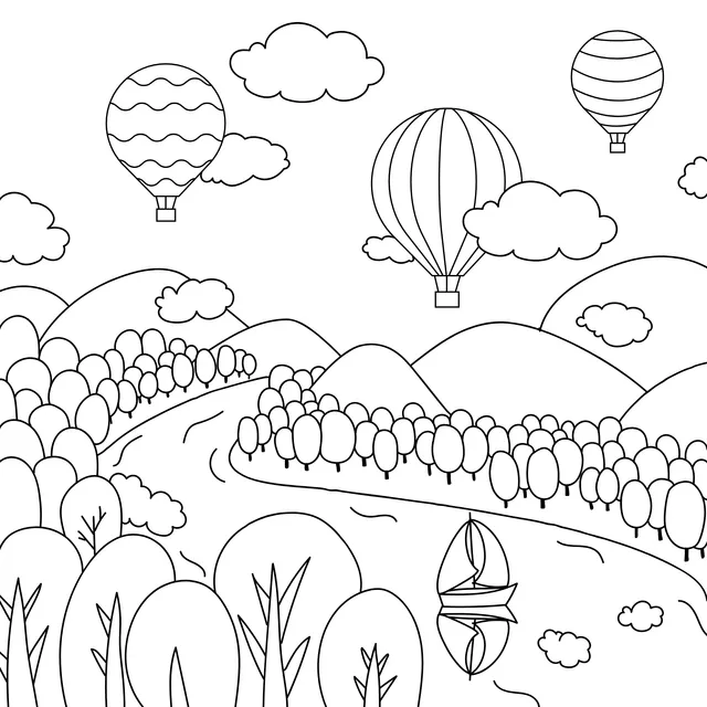 Hot - air Balloons and Riverside Scenery