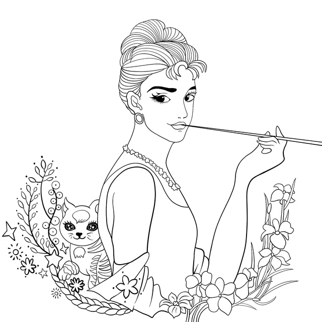 Illustration of an Elegant Lady and a Cute Cat
