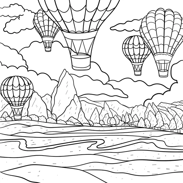 Hot air balloons flying over mountains and green fields
