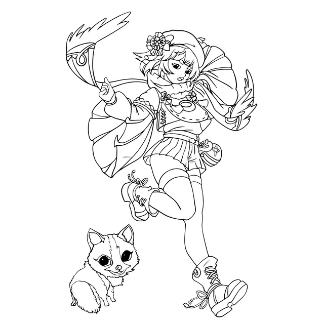 Girl in colorful clothes and a cat