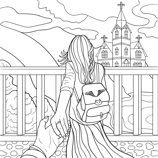 Holding hands towards the distant church