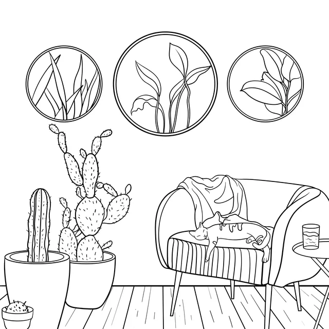 Indoor Green Plants and a Resting Cat
