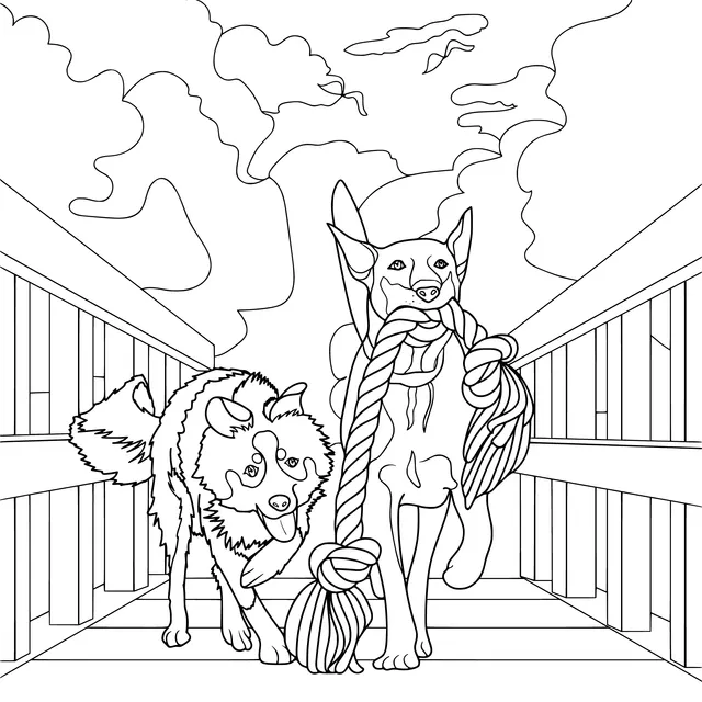 Two dogs playing on a bridge