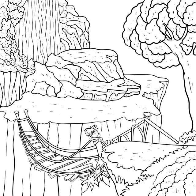 Suspension Bridge and Waterfall Scene by the Cliff