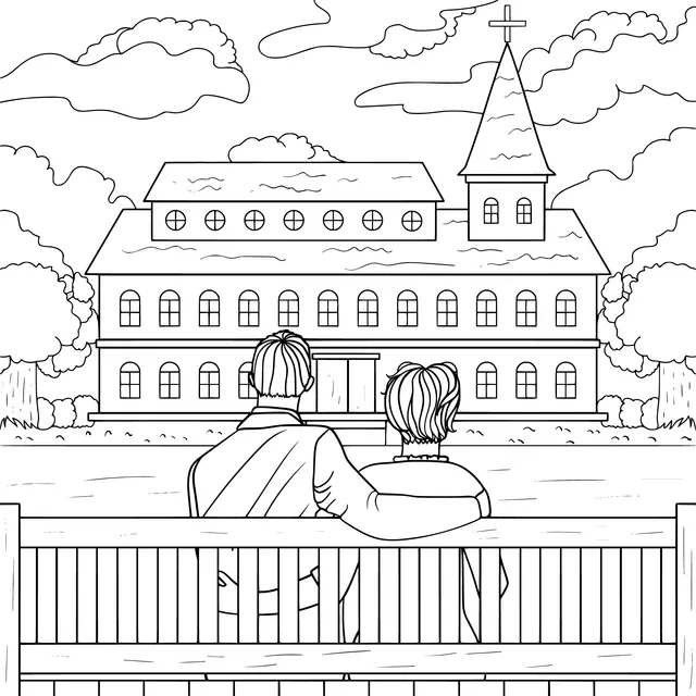 Couple on a bench in front of a church
