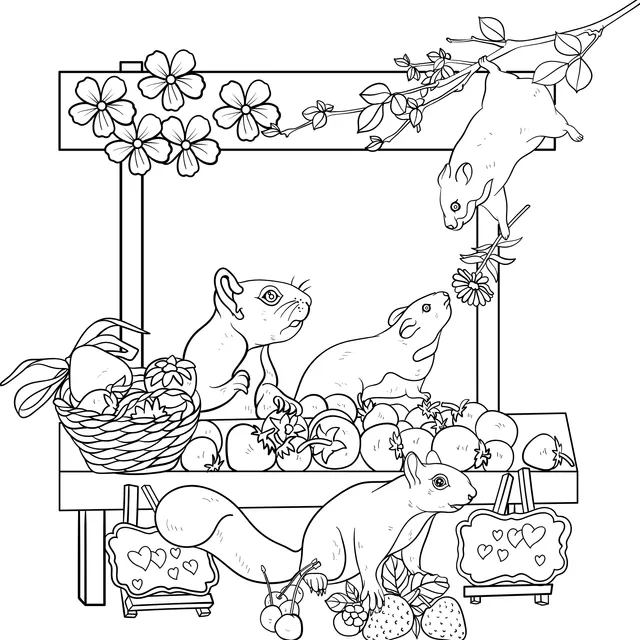 Cute Squirrels and Fruits and Vegetables beside the Flower Stand