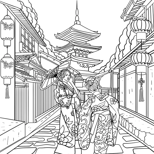 Women in kimonos strolling through an ancient street