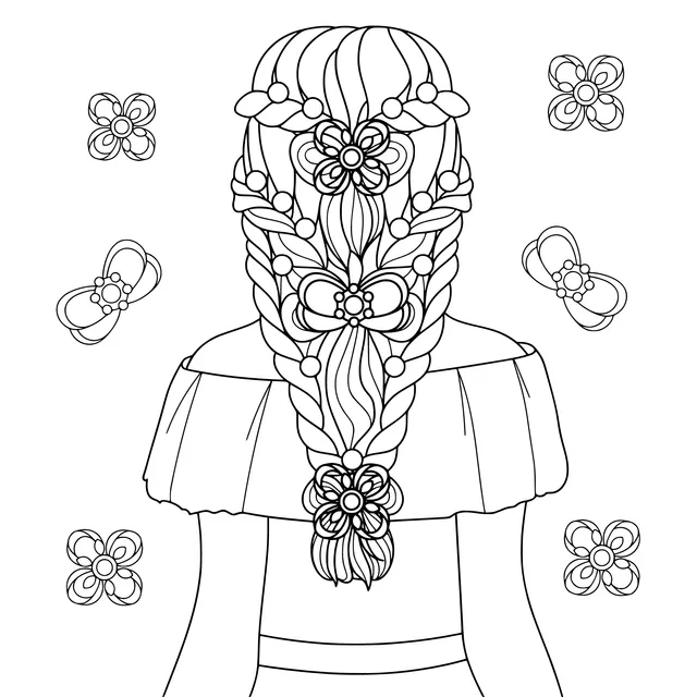 Girl with braided hair adorned with bows and beads